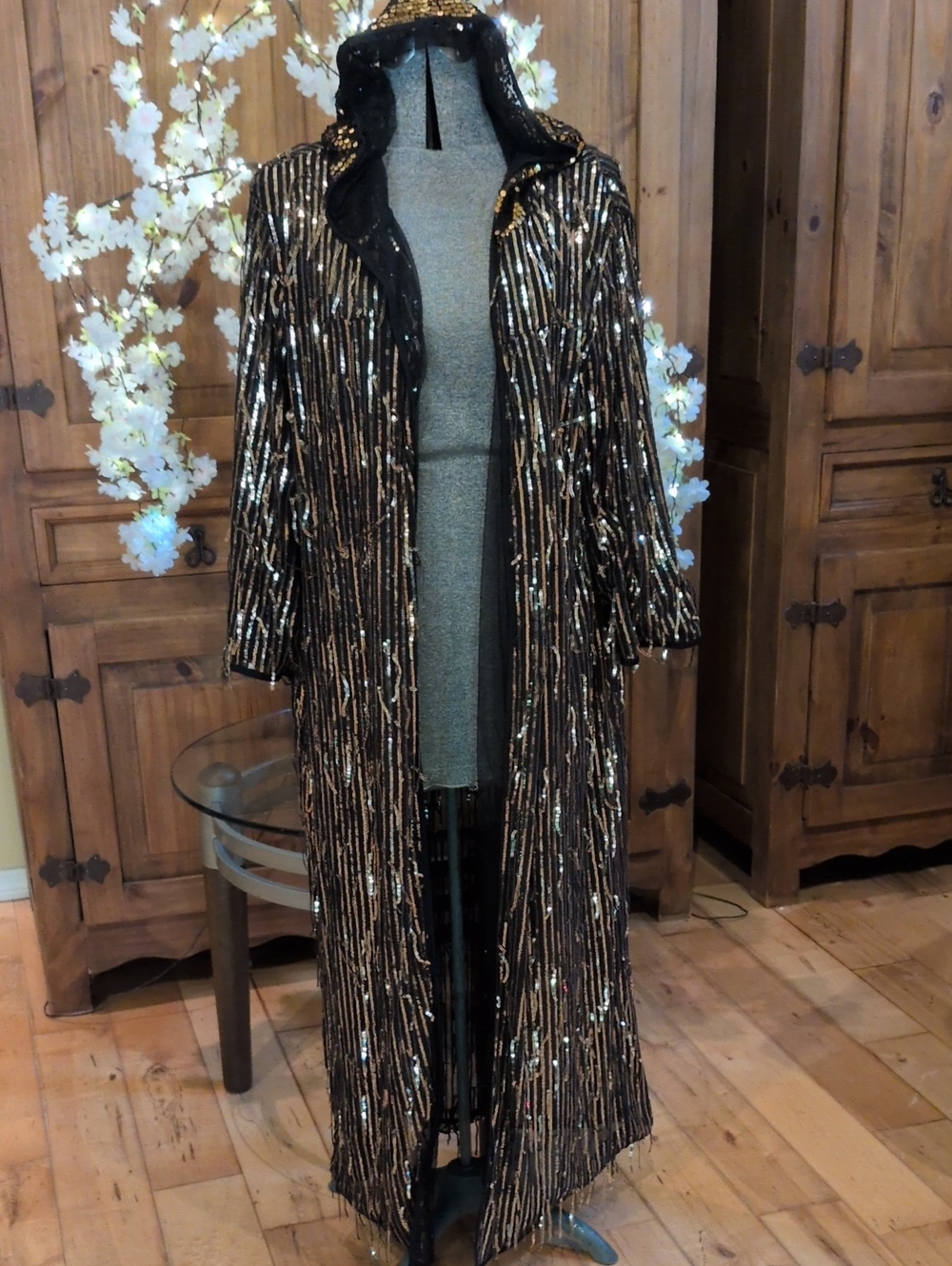 Long Sequinned Hooded Duster
